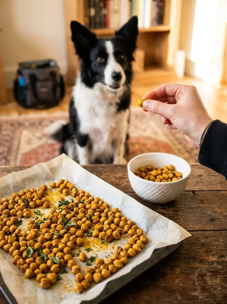 Crispy golden chickpea crunchies on a baking tray for dog training