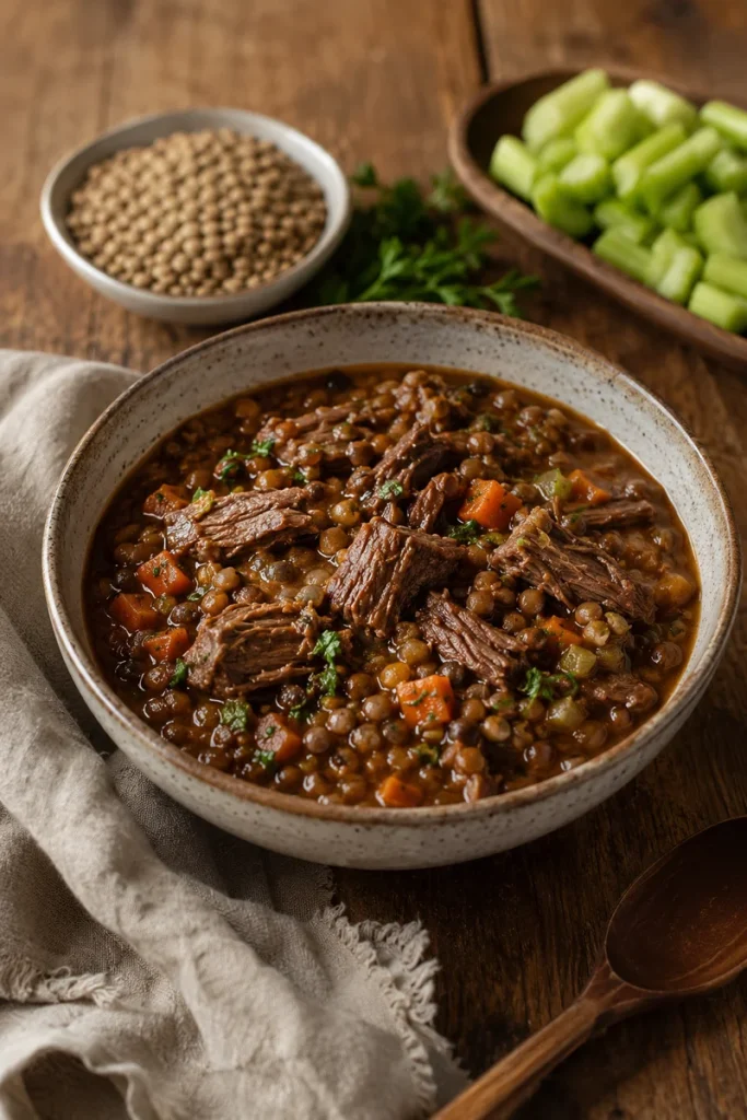 Crockpot beef stew for dogs styled with rustic props