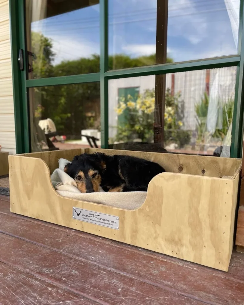 DIY plywood outdoor dog bed idea with blanket lining