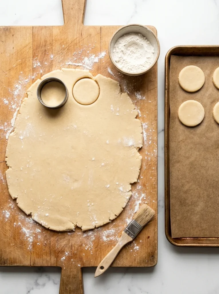 Rolling and cutting dough into circles for peanut butter dog cookies