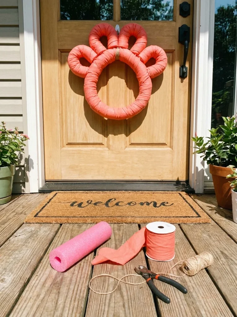 Pool noodle dog paw wreath diy craft with fabric wrap and glue gun