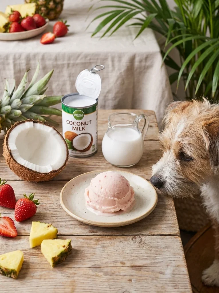 Dairy-free coconut milk strawberry pineapple dog treats in a mold