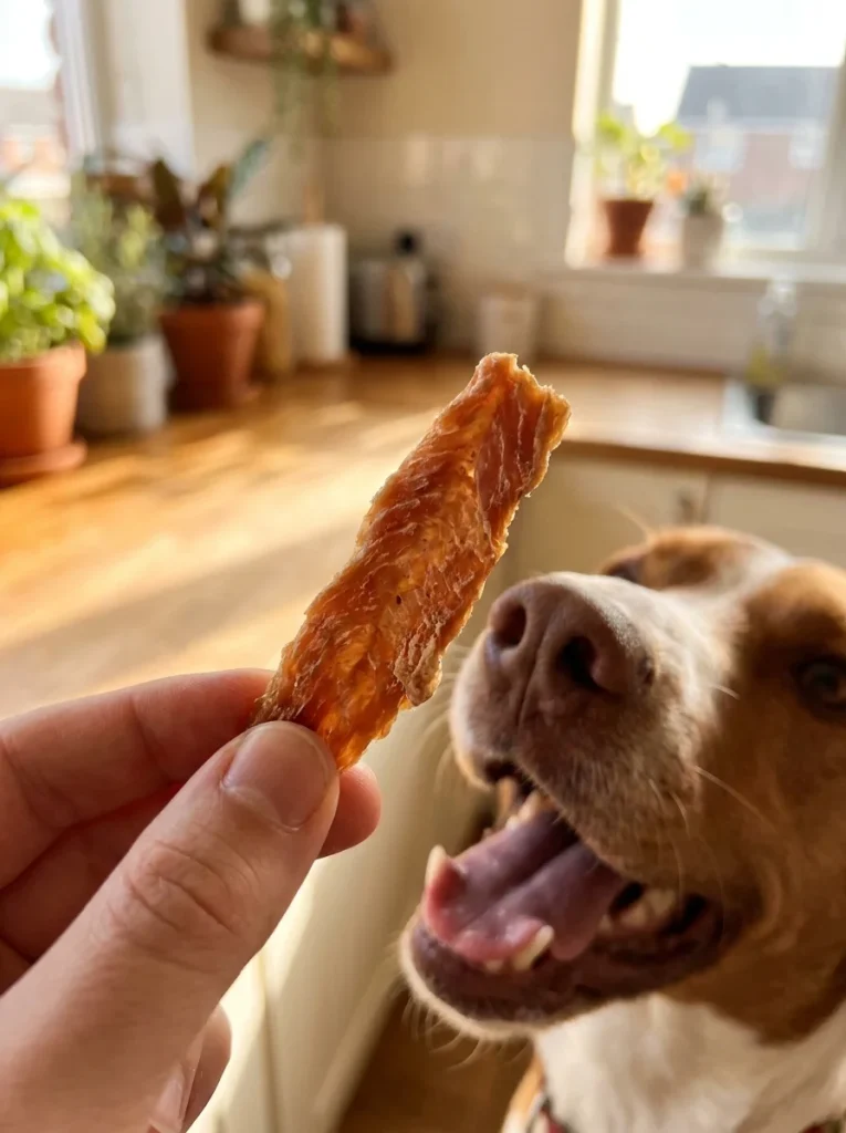 Homemade dehydrated chicken jerky strips as a low carb dog snack