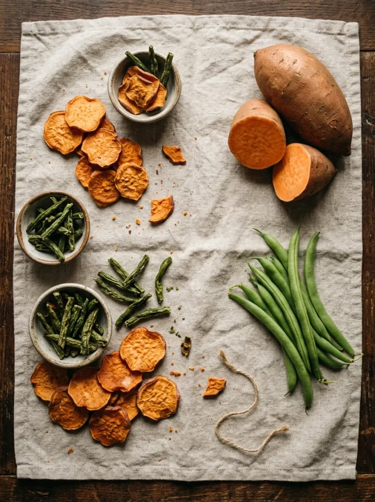 Dehydrated sweet potato and green bean chews for a diabetic dog