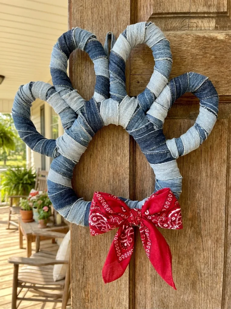 Denim bandana paw print dog wreath idea for western style porch