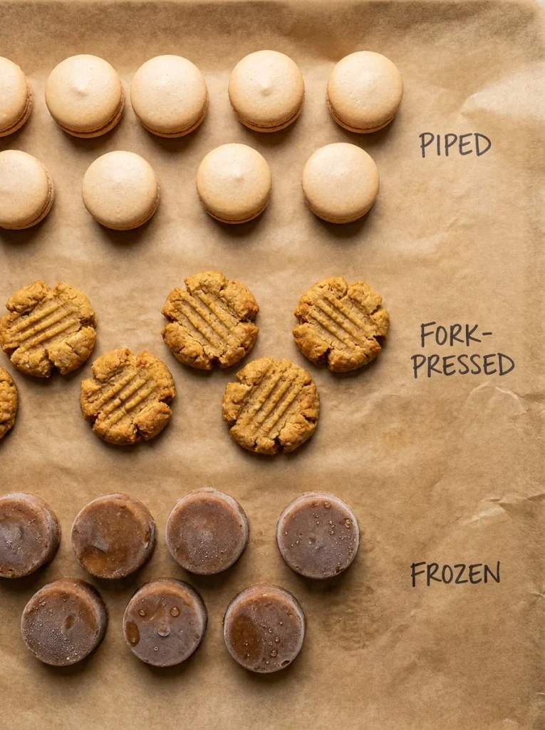 Three format variations of peanut butter dog cookies including piped and no-bake styles