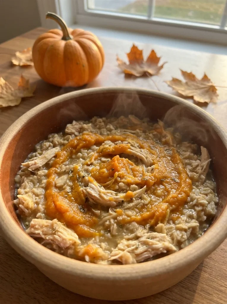 Chicken and oatmeal dog food recipe mixed with pumpkin puree in a bowl