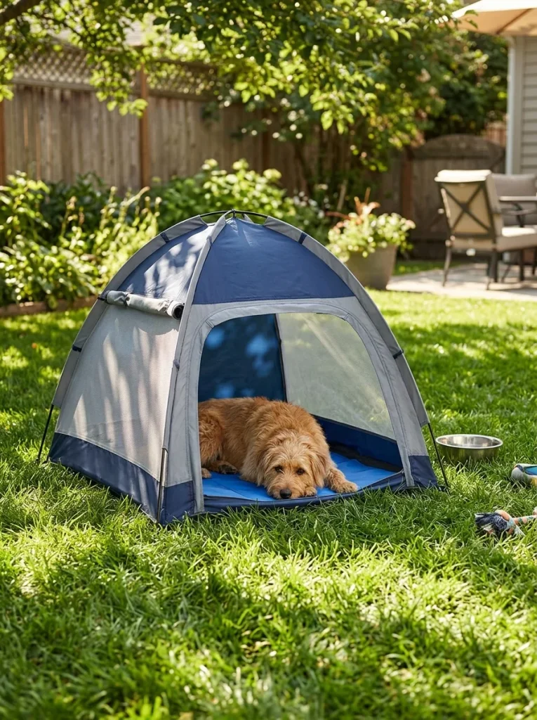 dog cooling tent set up in backyard