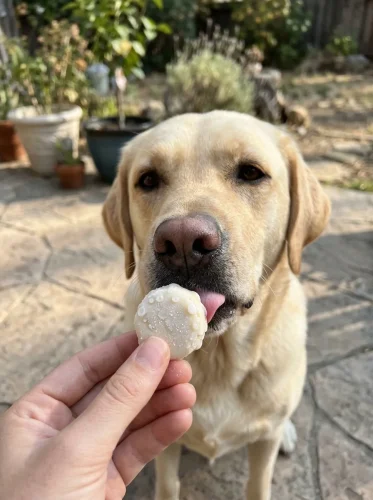 dog eating frozen coconut yogurt treat outdoors