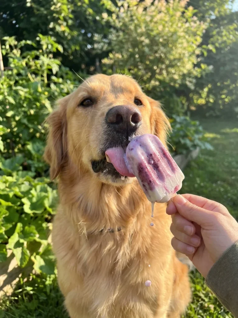 Dog licking a frozen yogurt berry pupsicle on a summer day