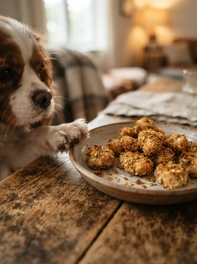 Dog treat made from oatmeal-crusted chicken bites recipe on a plate