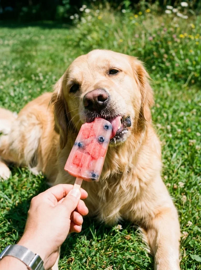 frozen pupsicle treat made with watermelon and blueberries outdoors