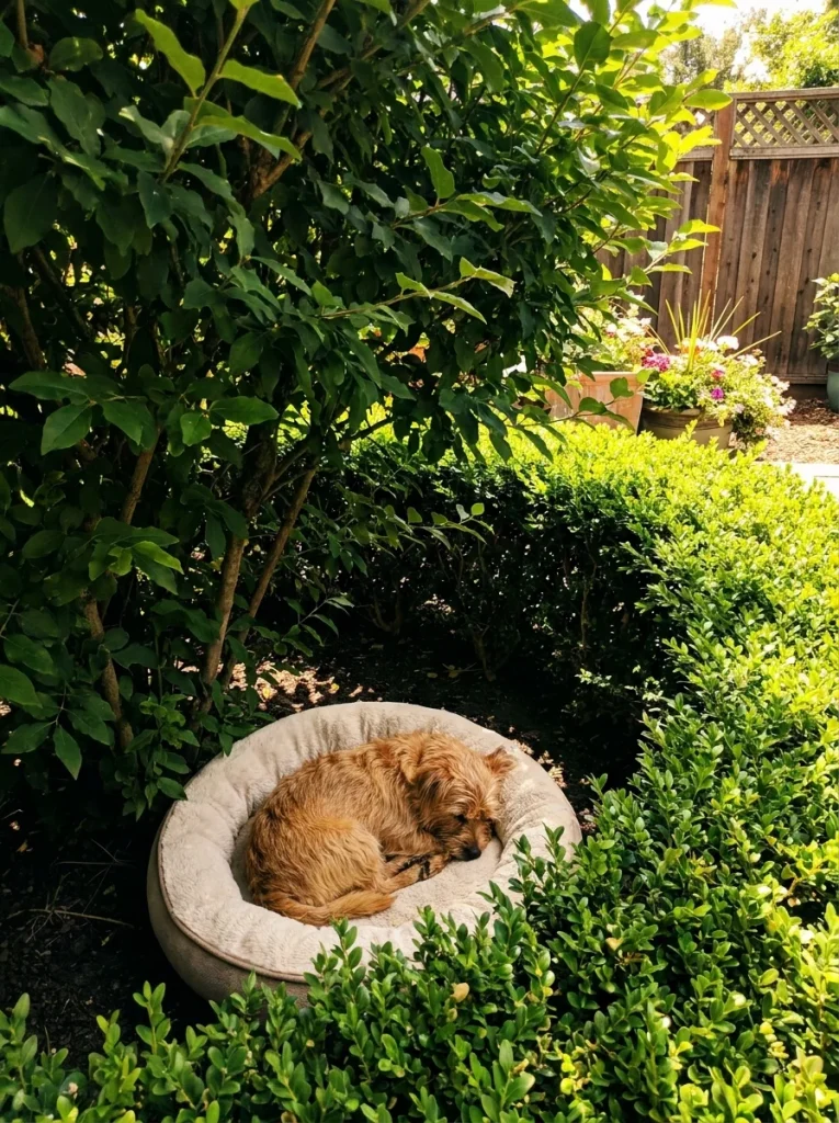 dog shade idea using backyard hedges