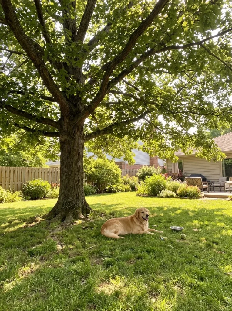 dog resting under shade tree in backyard