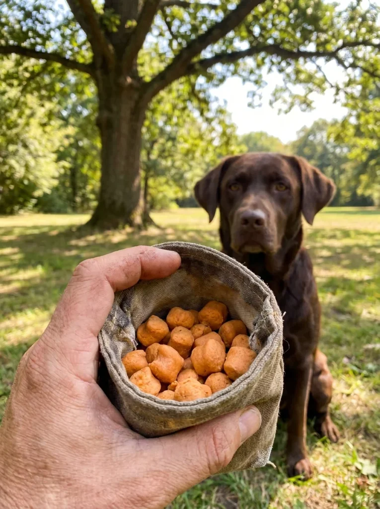 Dog owner training a dog with pumpkin peanut butter bites
