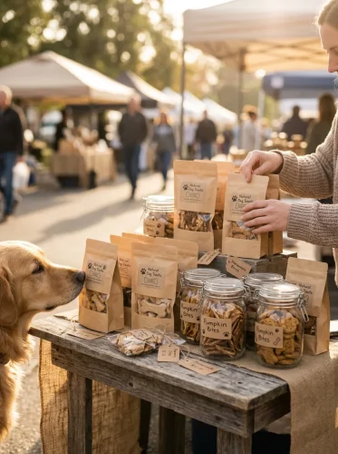 Small business owner selling Dog Treats to Sell at a market stall