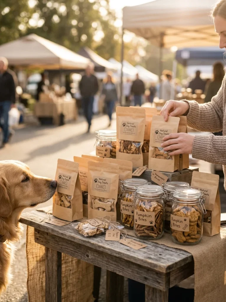 Small business owner selling Dog Treats to Sell at a market stall