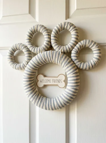 Dollar tree dog paw wreath made with wrapped foam rings and ribbon bow