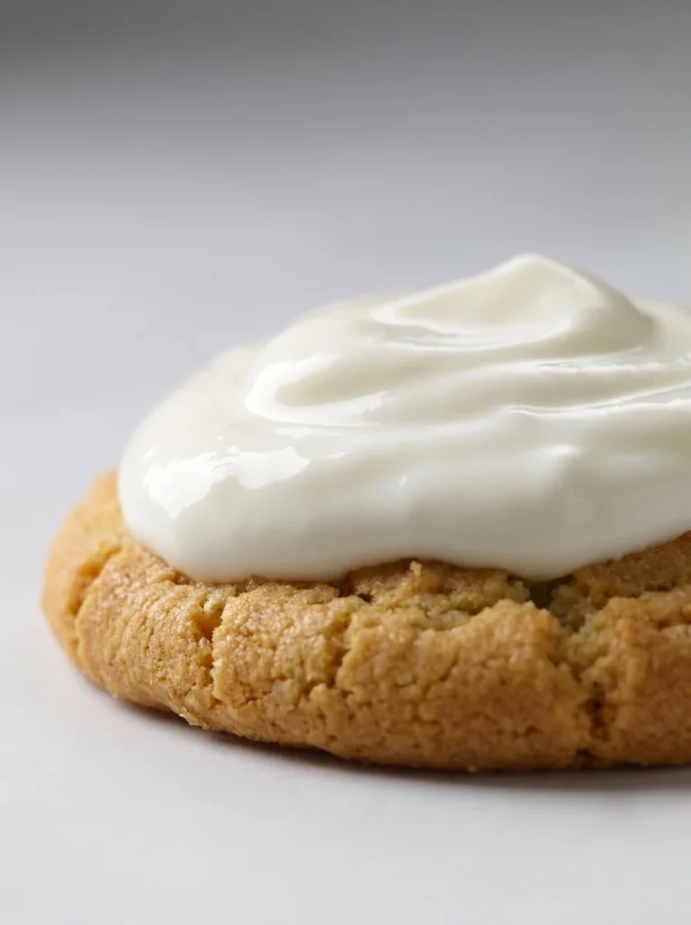 Realistic close-up of Greek yogurt filling on a baked peanut butter dog cookie