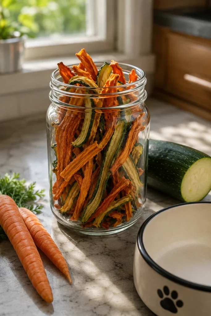 Dehydrated carrot and zucchini dog chews, a simple carrot dog treats homemade snack