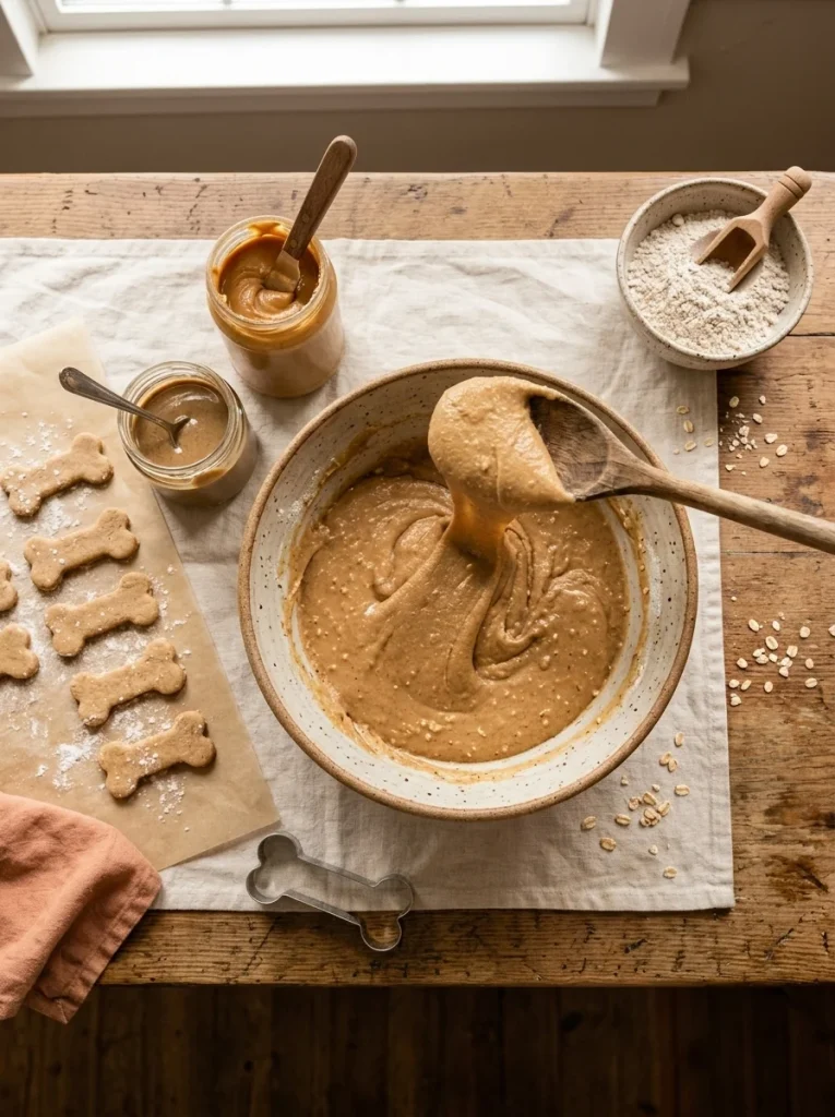 Egg-free dog biscuit dough made with peanut butter and applesauce