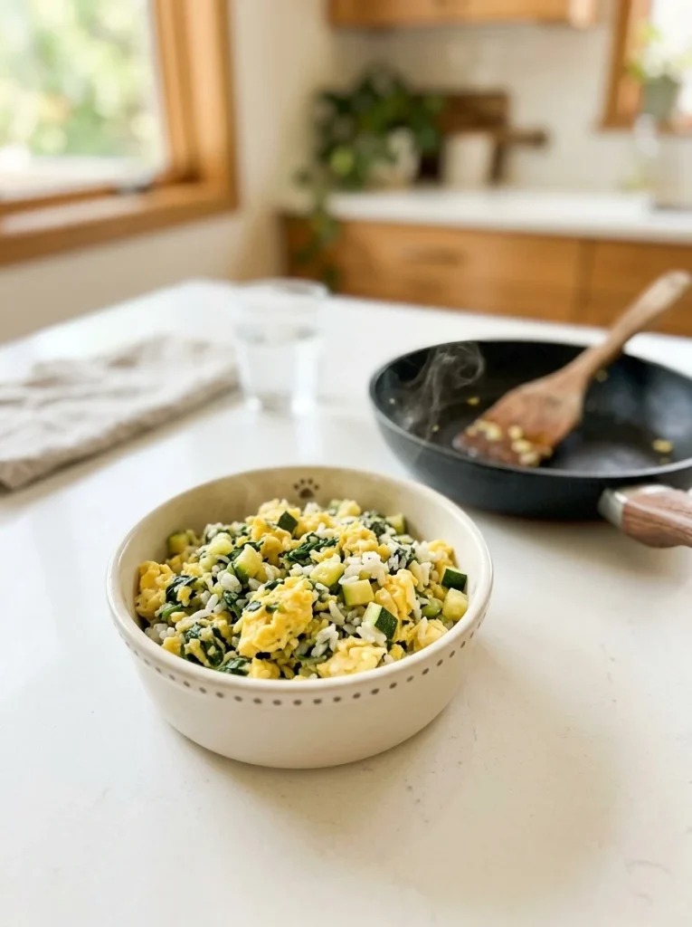 Fluffy egg and veggie scramble with rice and spinach for dogs