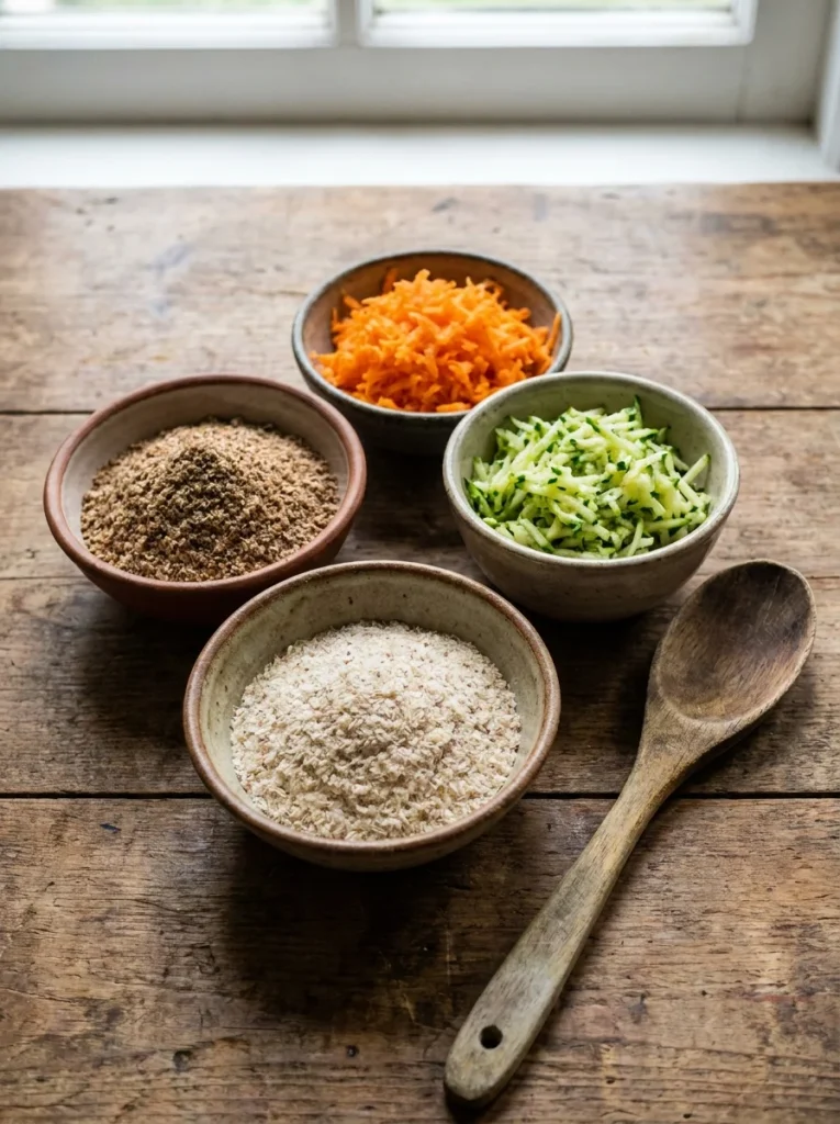 Fiber-rich flaxseed and grated vegetables used in homemade dog treats