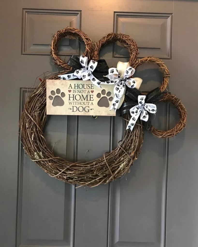 Farmhouse grapevine paw print dog wreath with ribbon bows