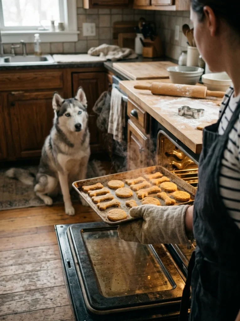 Golden baked biscuits, classic 3-ingredient applesauce dog treats, fresh from the oven