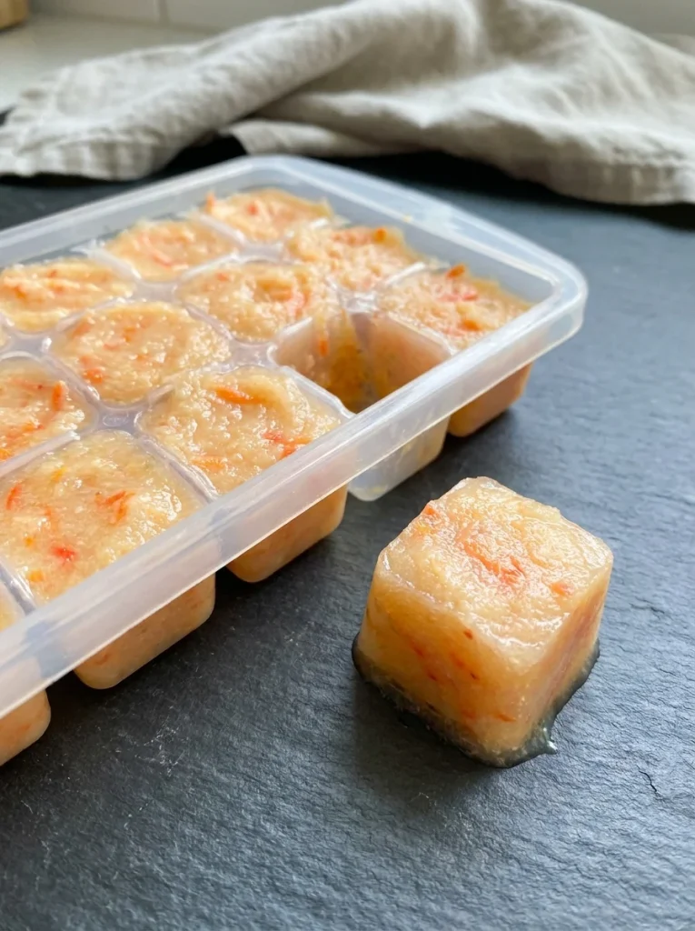 Homemade apple dog treats frozen ice cubes with carrot bits