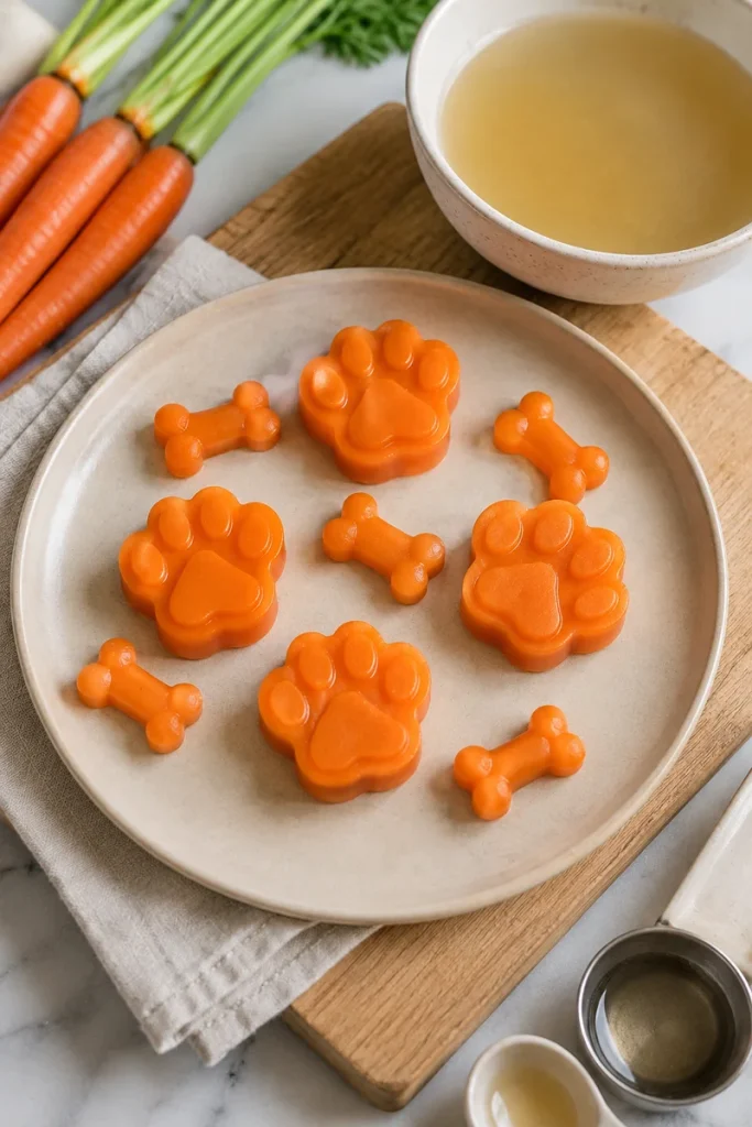 Frozen carrot brothsicle treats shaped like paws and bones for dogs