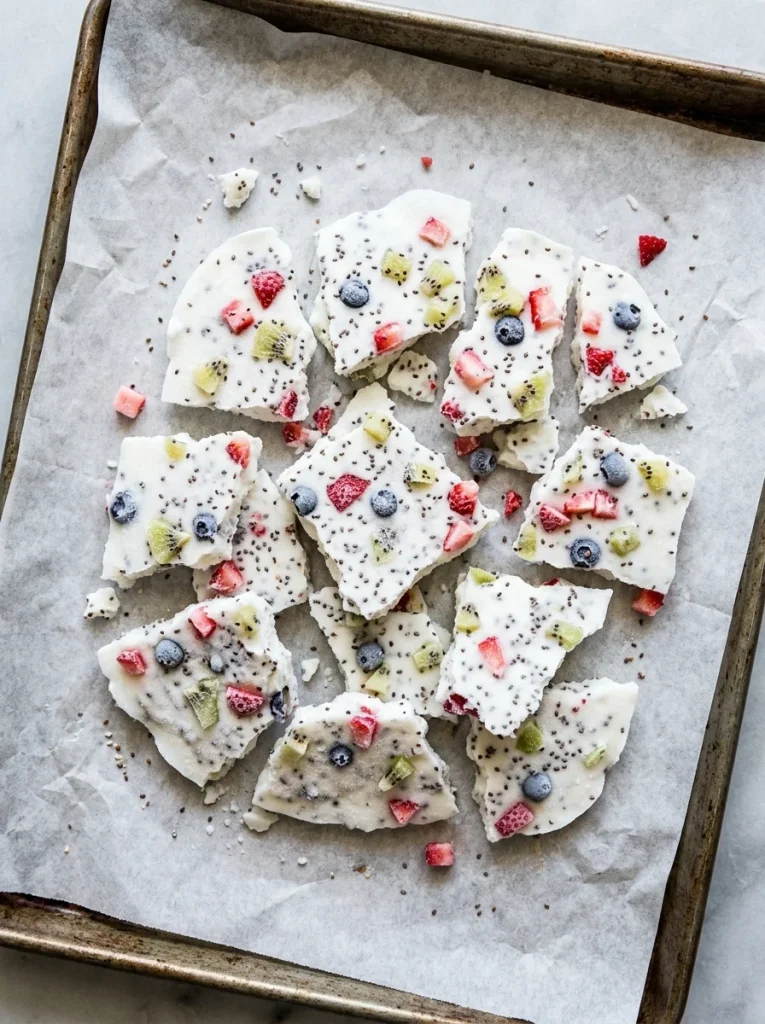 Broken pieces of frozen kefir fruit bark for dogs