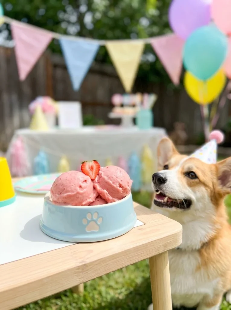Scoops of frozen fruit nice cream served in a dog bowl