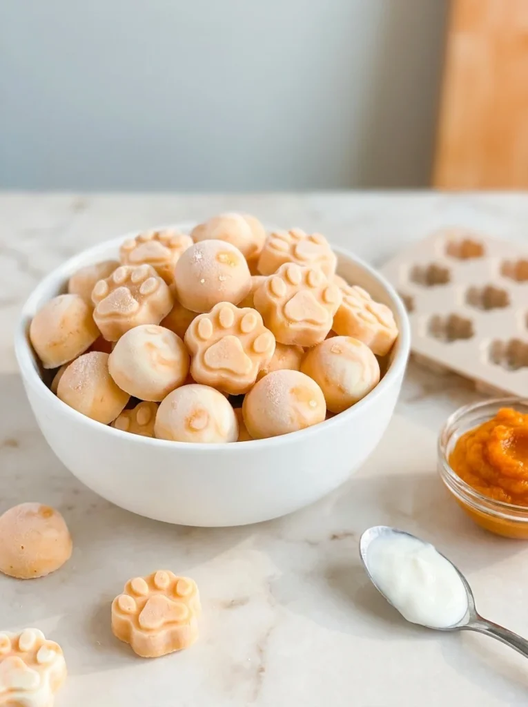 Frozen pumpkin yogurt drops for dogs served in a bowl after coming out of a silicone mold