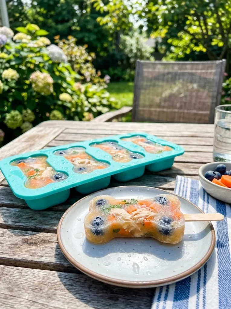 Frozen chicken and blueberry cups for dogs on a summer lawn