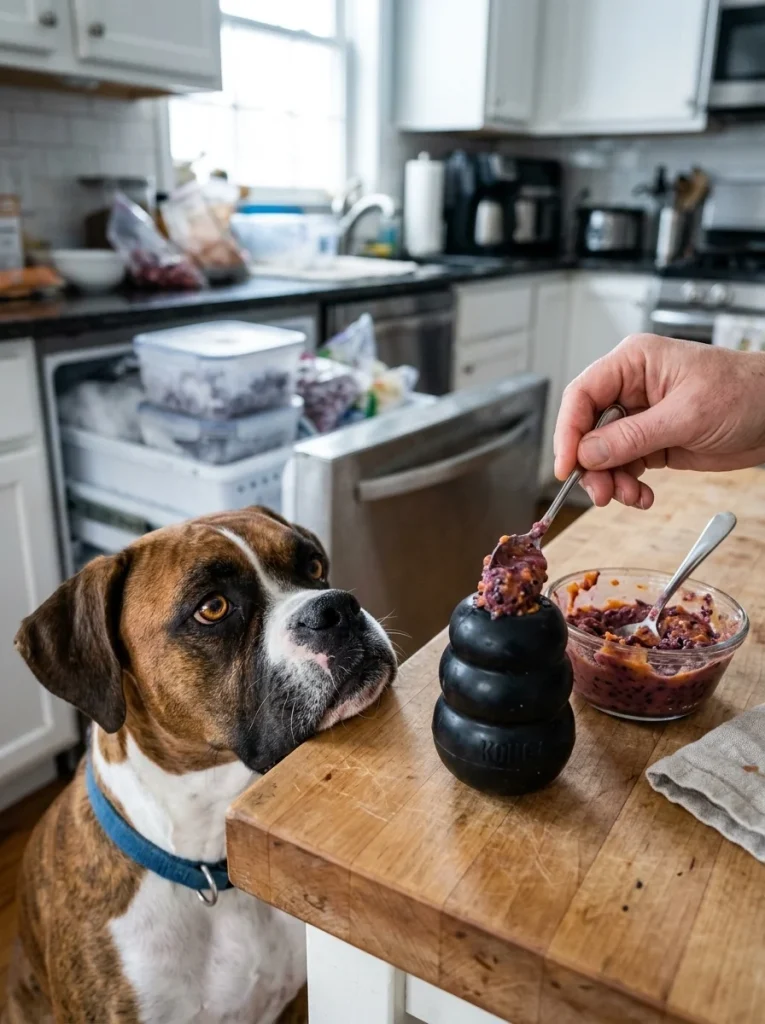 Frozen sweet potato blueberry filler packed into a rubber toy for enrichment