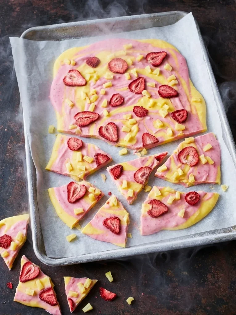 Frozen strawberry yogurt bark shards for dogs on parchment paper