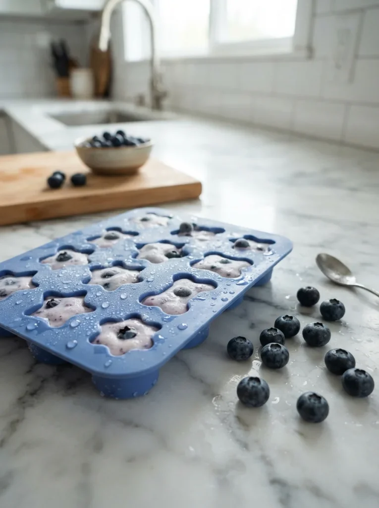 Frozen yogurt and blueberry diabetic dog treat bites in a silicone mold