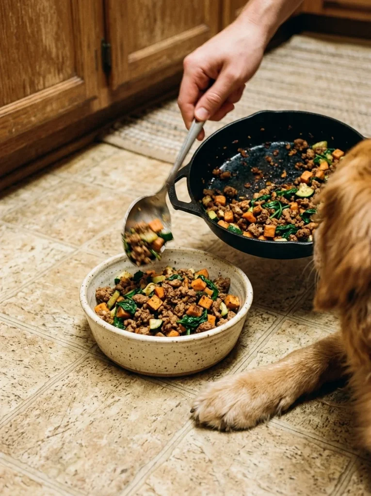 Skillet hash with ground turkey and sweet potato for dogs