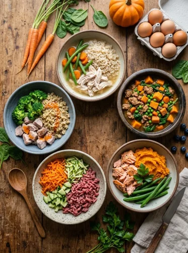 Healthy Dog Dinner Recipes served in bowls with fresh ingredients