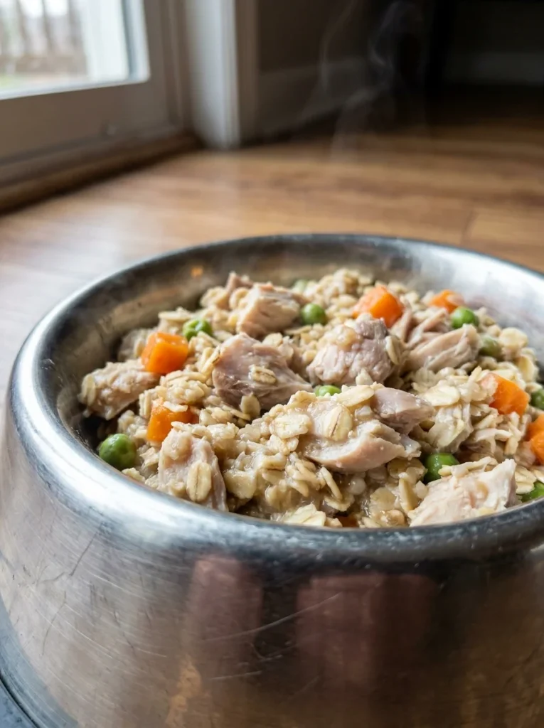 Homemade Chicken & Oatmeal Dog Food Recipe served in a dog bowl