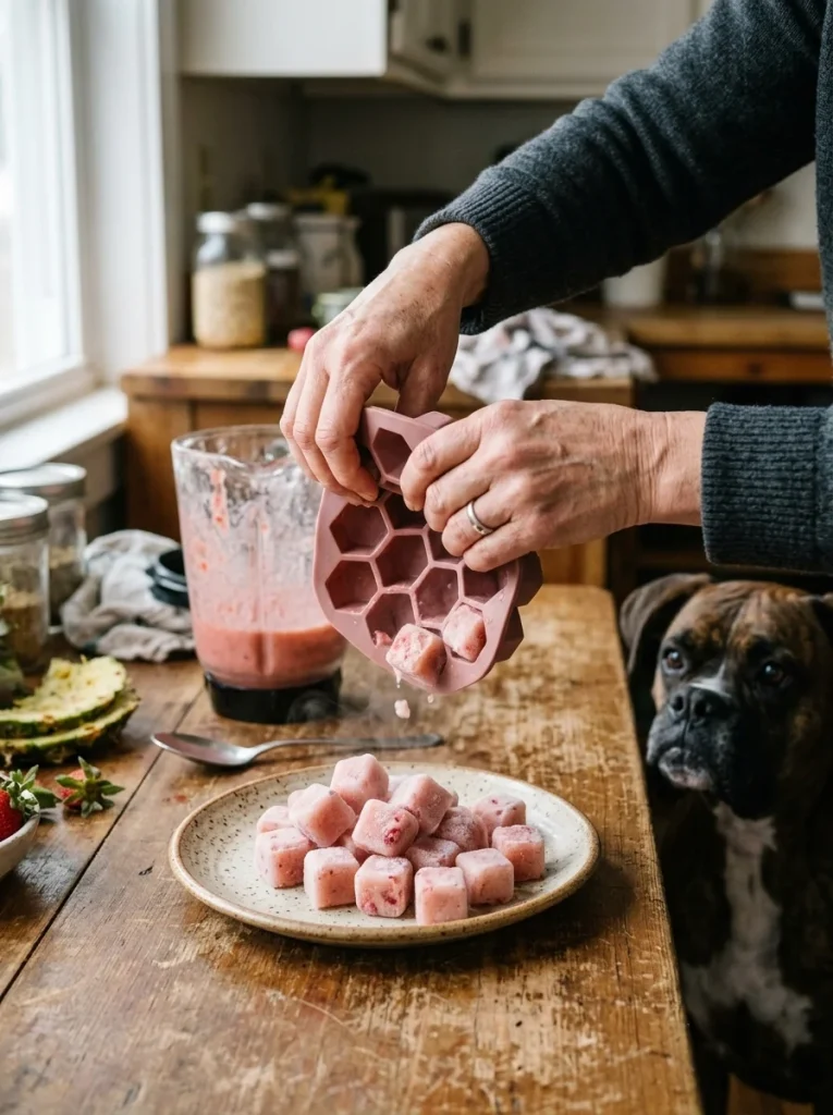 Homemade frozen strawberry pineapple dog treats freshly popped from a tray