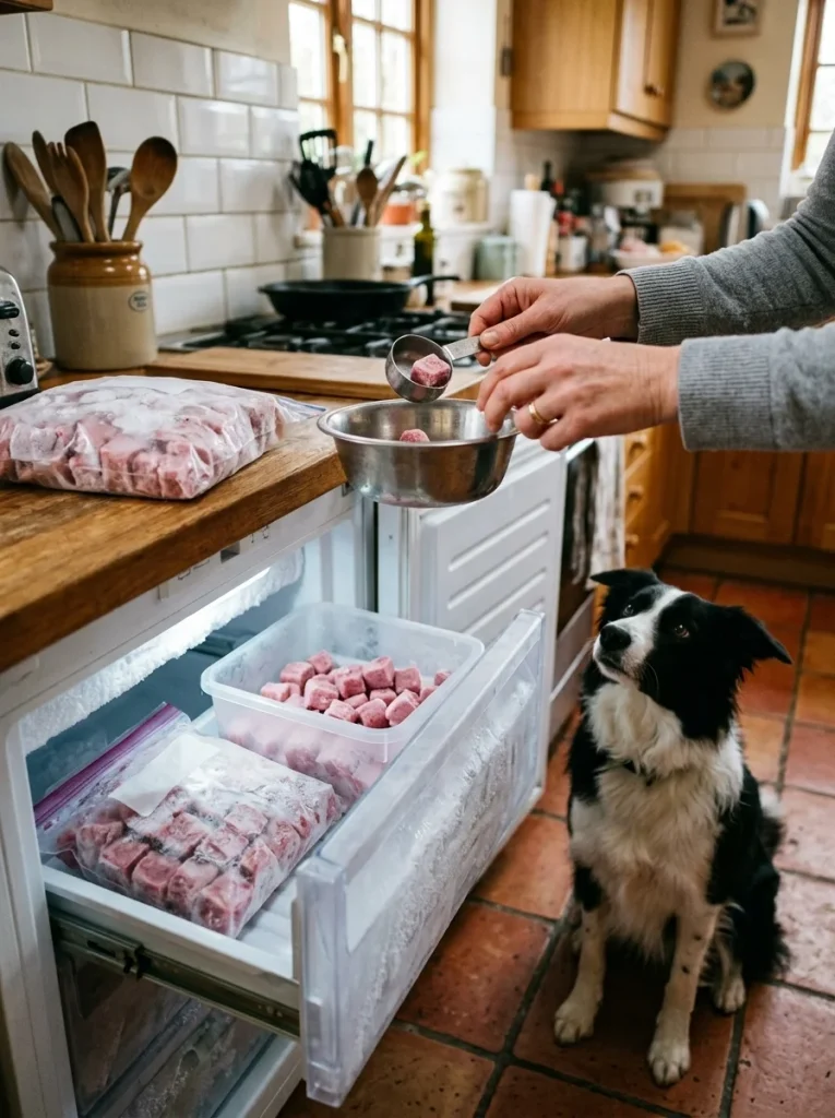 Storing and portioning frozen strawberry pineapple dog treats in the freezer