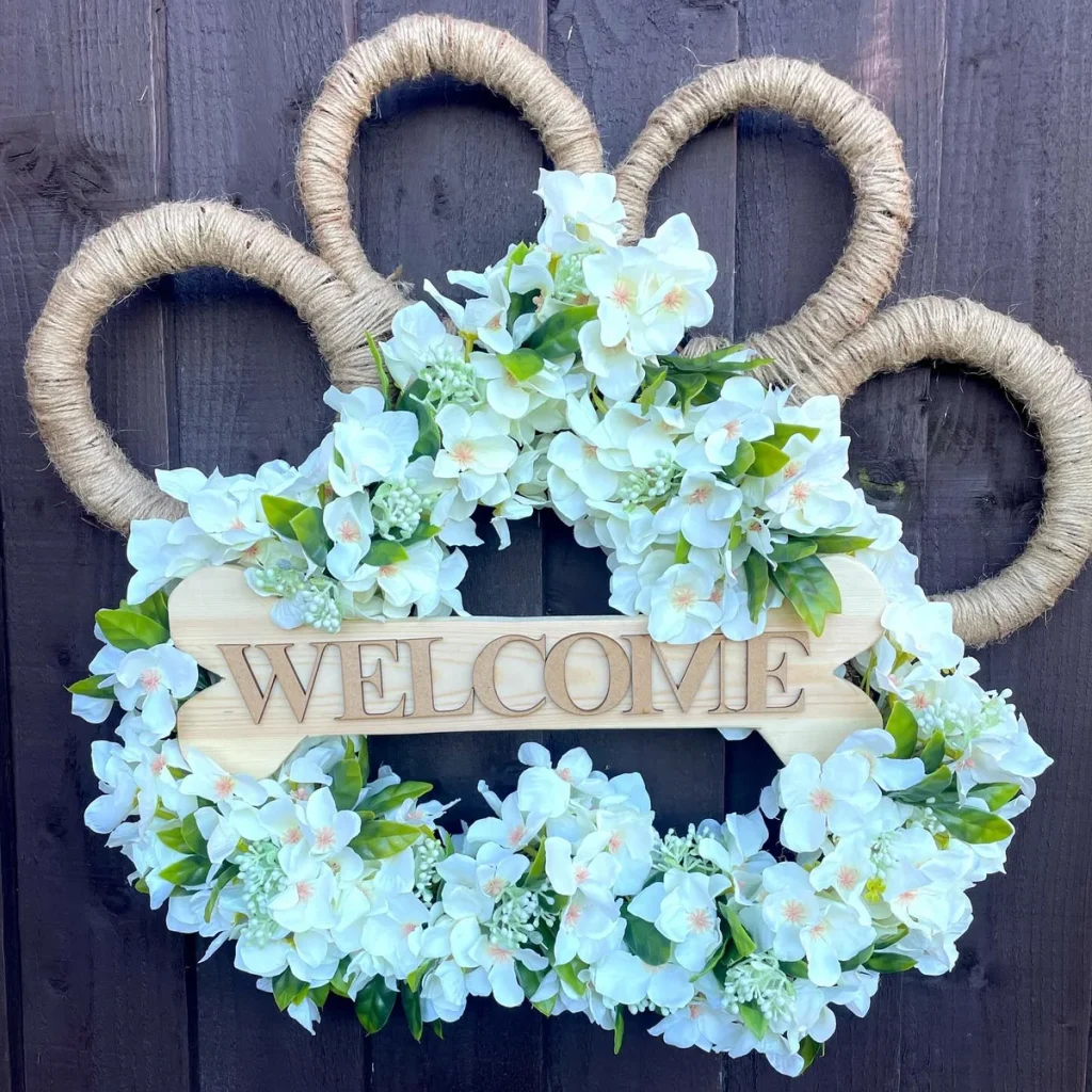 Jute wrapped hydrangea paw print dog wreath with wood welcome sign