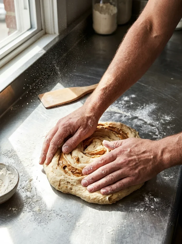 Ultra realistic photo of hands kneading peanut butter cookie dough for dogs