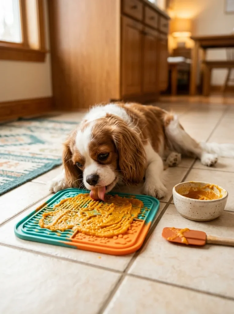 Veggie spread on a lick mat keeping a dog calm and busy