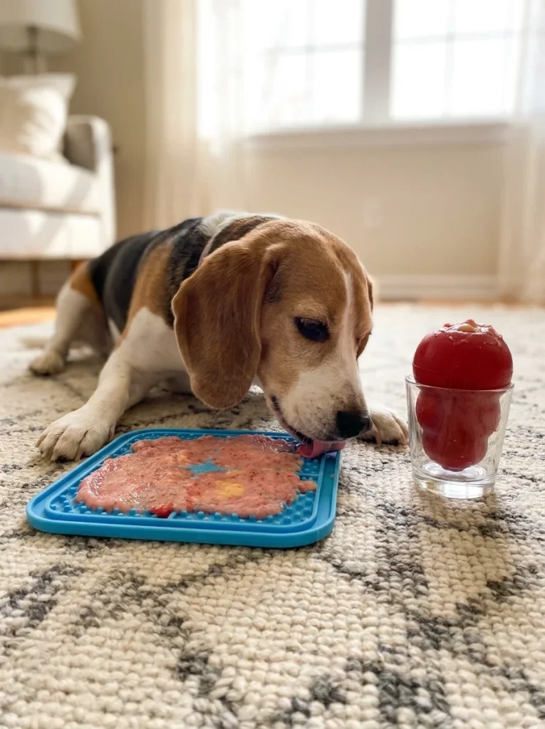 Dog enjoying a frozen fruit lick mat treat