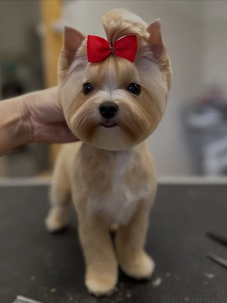 Close up round teddy head topknot Morkie grooming style