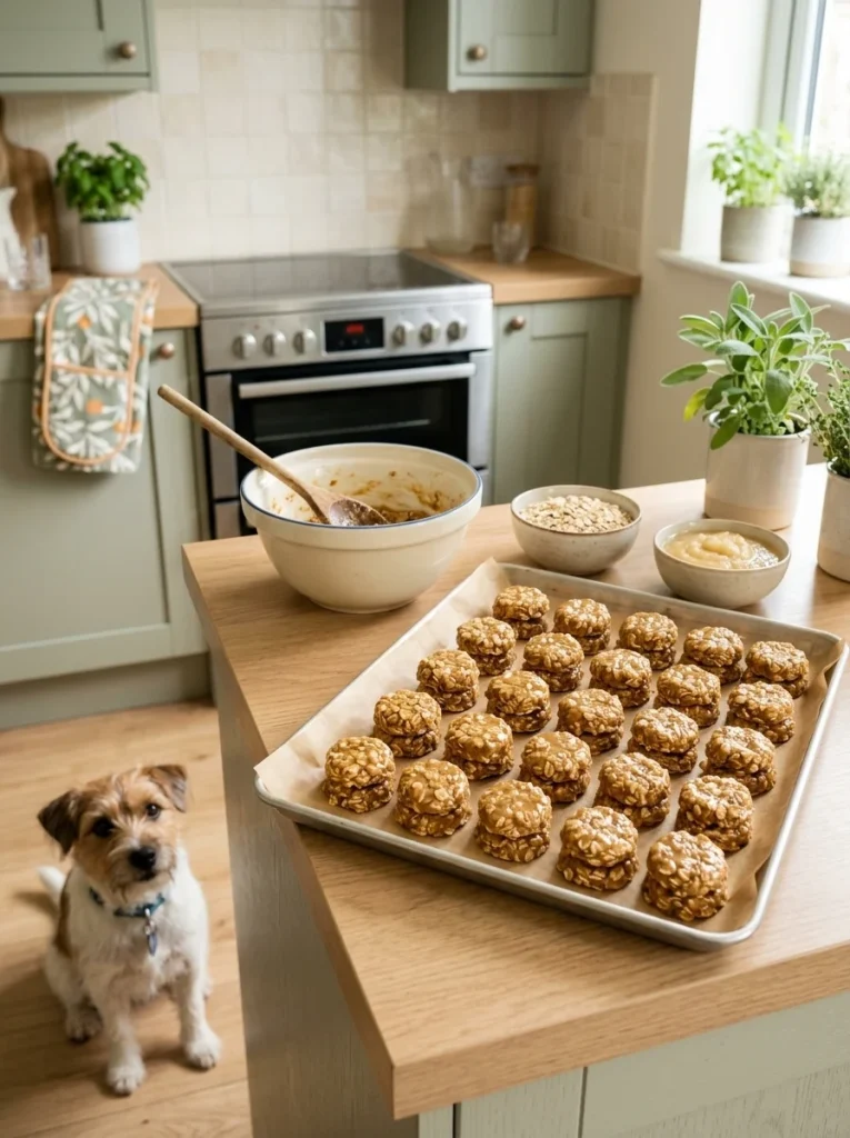 Rolled no-bake oat bites, easy 3-ingredient applesauce dog treats with no oven