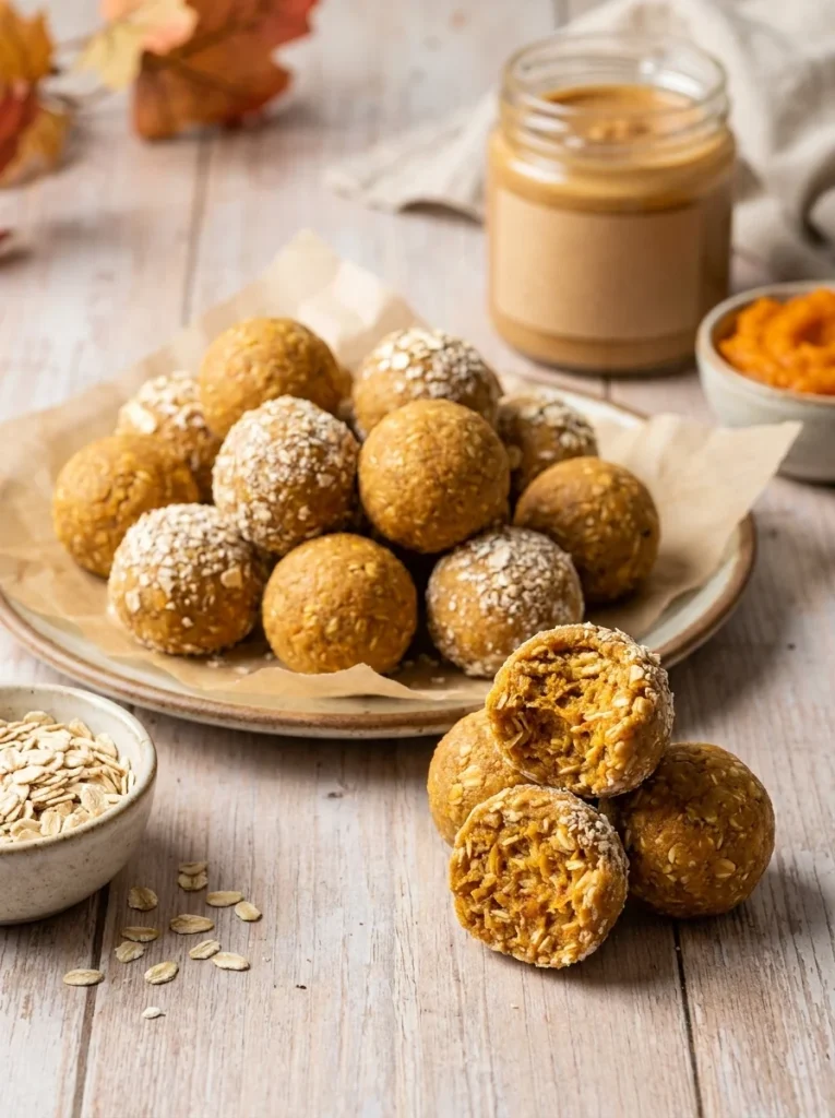 No-bake pumpkin oat balls for dogs rolled small and chilled on a parchment-lined plate